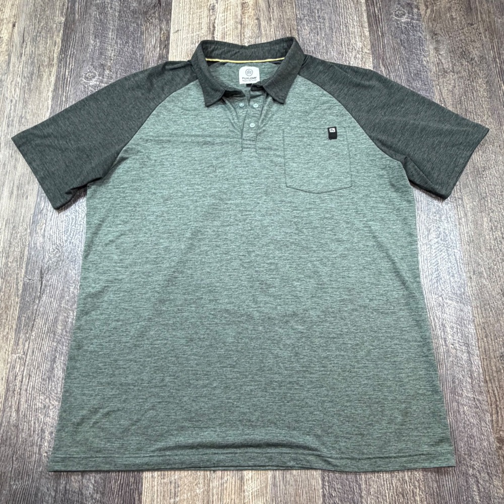 Flylow Polo Shirt Men Large Green Heathered Performance Snap Button Short Sleeve